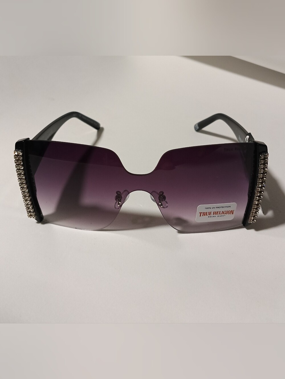True Religion Rhinestone Rimless Shield Sunglasses Black Gradient Sparkle Lens